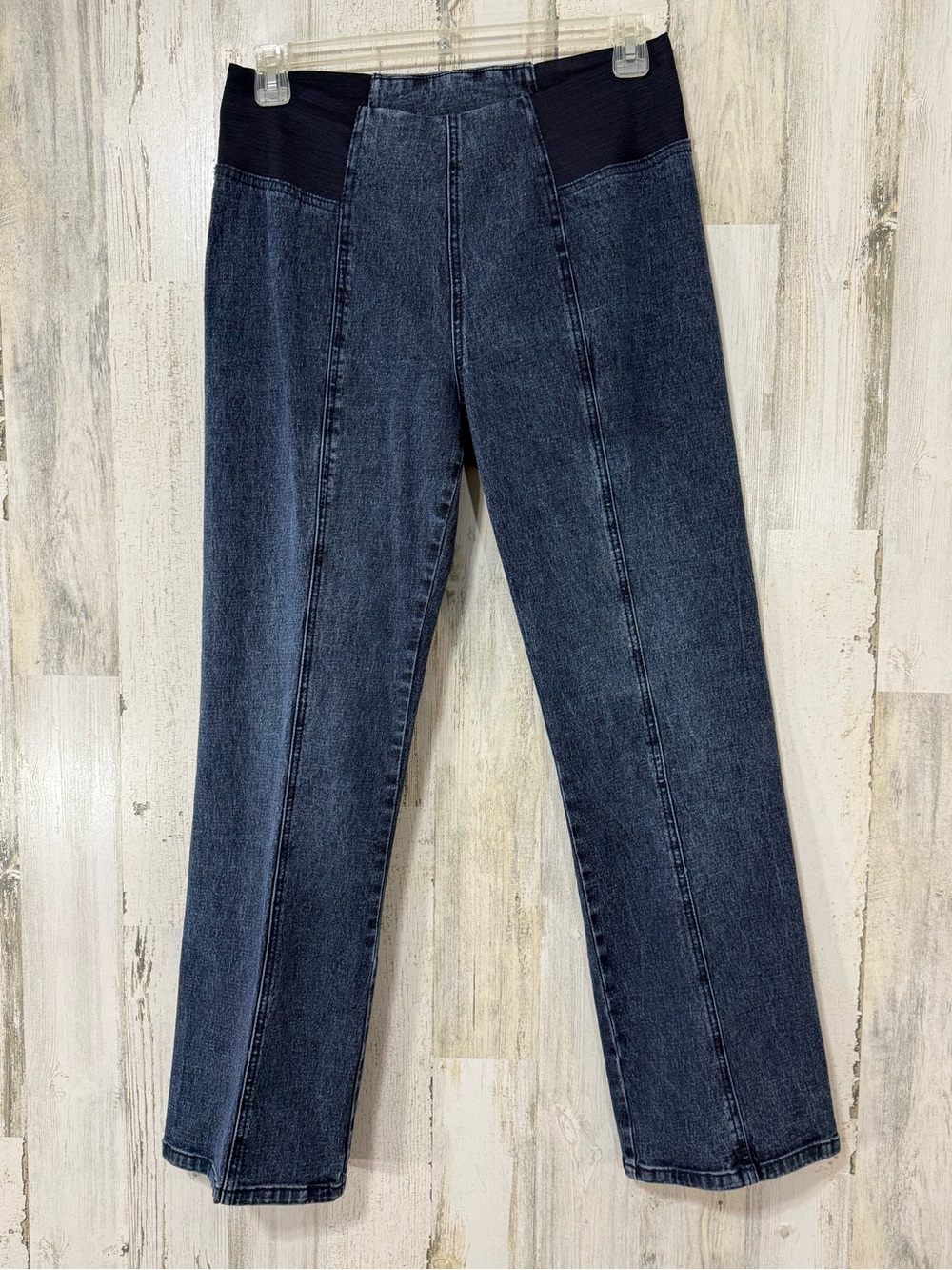 Diane Gilman Straight-Leg Pull-On Jeans in Dark Blue with Black Waistband